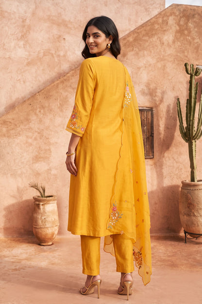 Yellow Thread Embroidered Flared Kurta with Pants and Dupatta Set