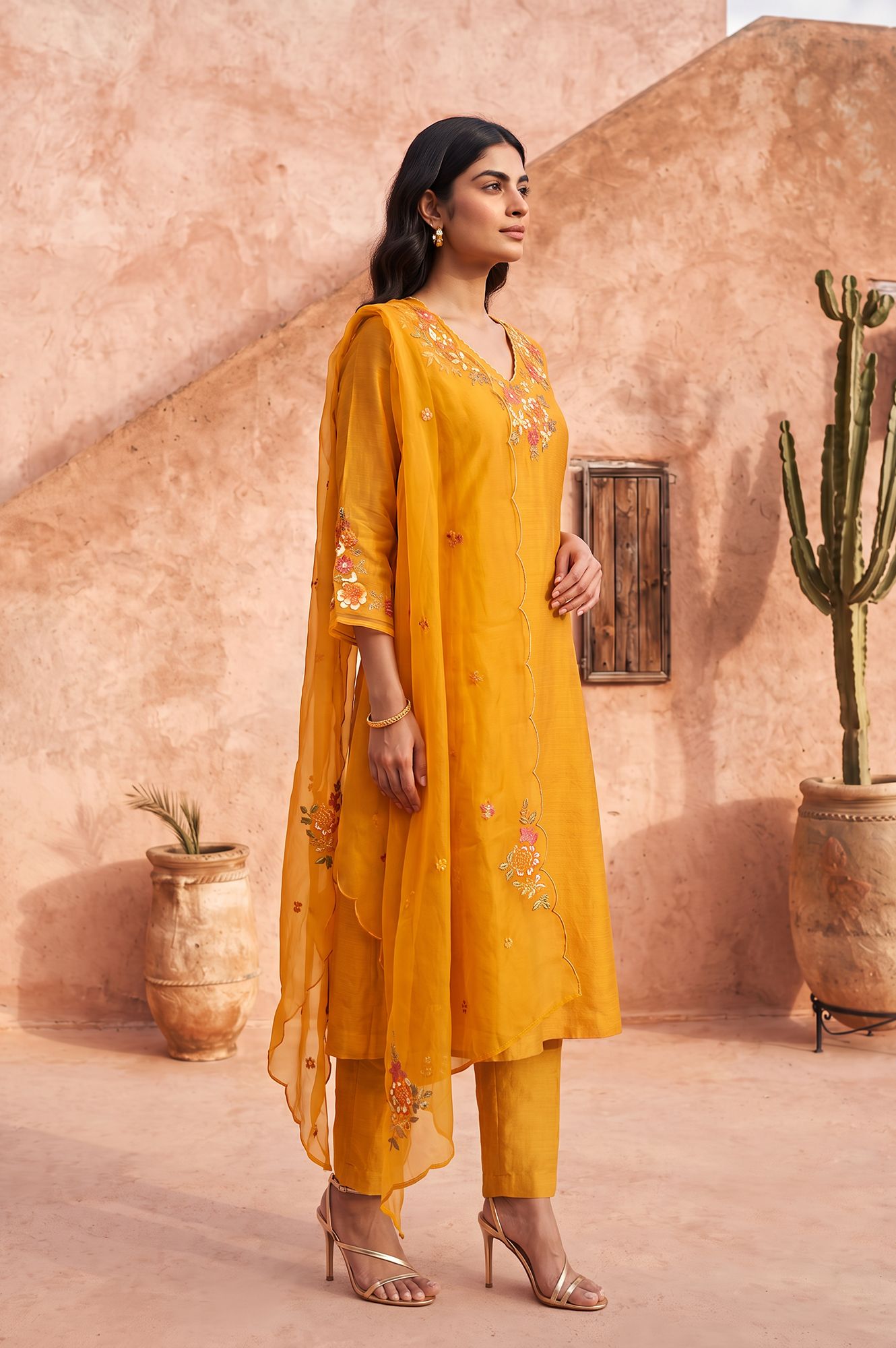 Yellow Thread Embroidered Flared Kurta with Pants and Dupatta Set