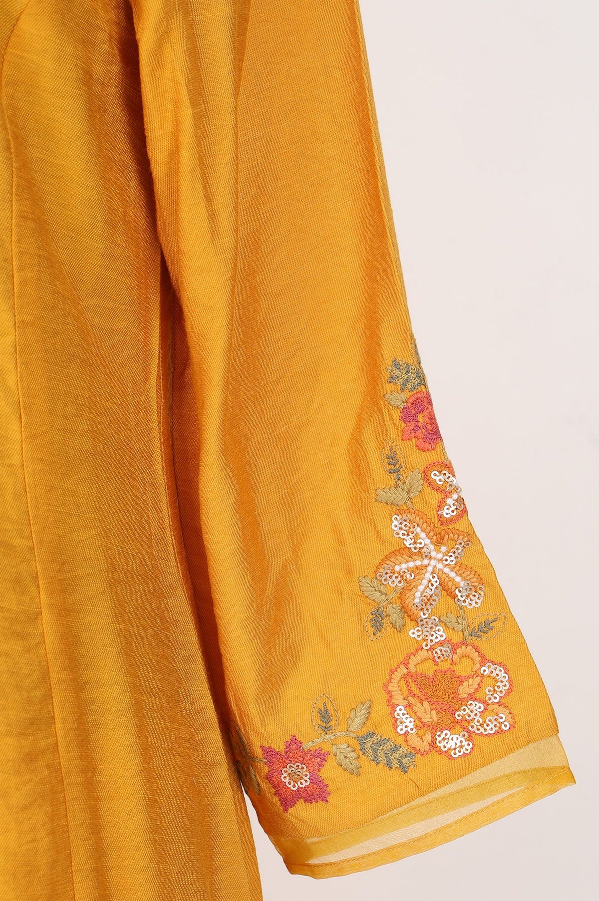 Yellow Thread Embroidered Flared Kurta with Pants and Dupatta Set