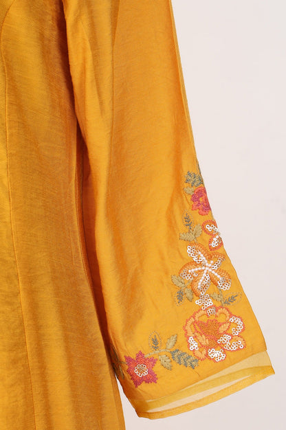 Yellow Thread Embroidered Flared Kurta with Pants and Dupatta Set