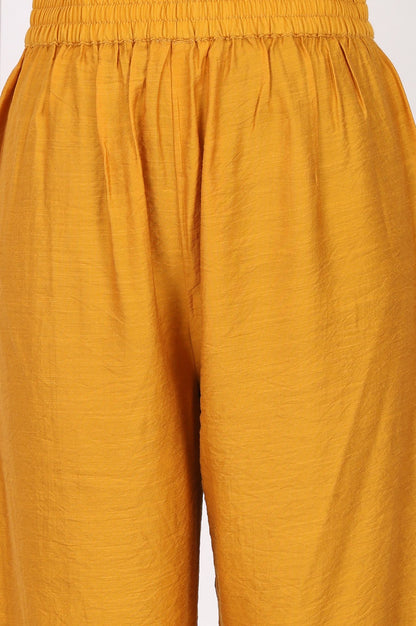 Yellow Thread Embroidered Flared Kurta with Pants and Dupatta Set