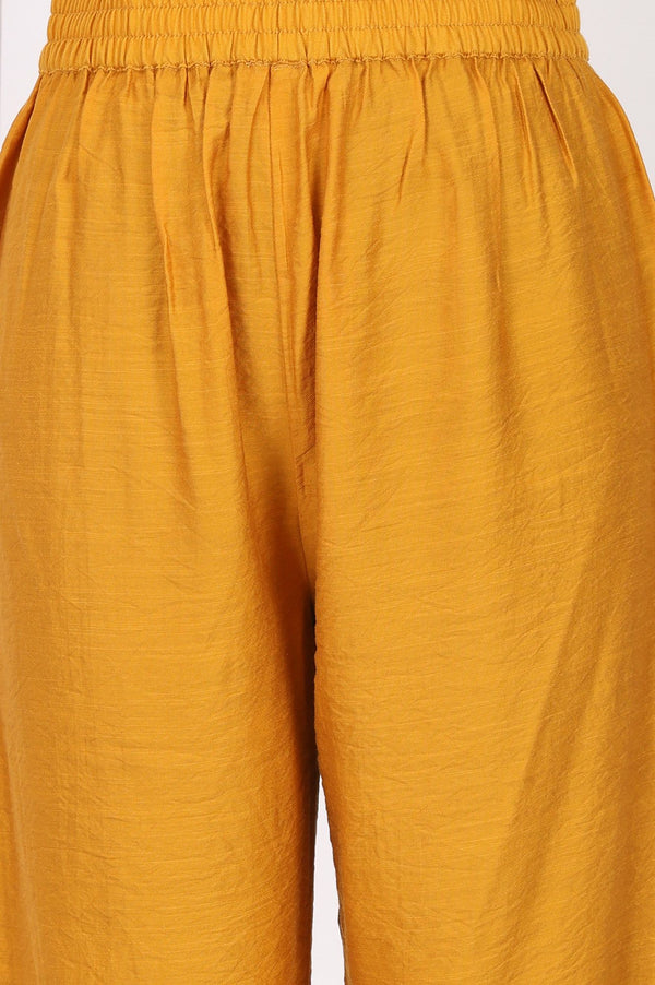 Yellow Thread Embroidered Flared Kurta with Pants and Dupatta Set