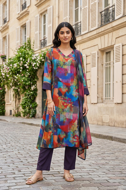 Multicolor Floral Printed Chiffon Straight Kurta With Pants And Dupatta Set