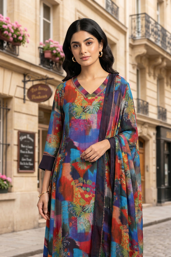 Multicolor Floral Printed Chiffon Straight Kurta With Pants And Dupatta Set