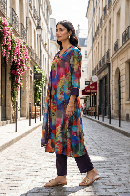 Multicolor Floral Printed Chiffon Straight Kurta With Pants And Dupatta Set