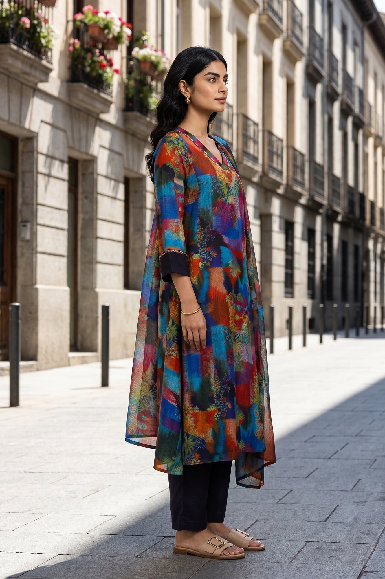 Multicolor Floral Printed Chiffon Straight Kurta With Pants And Dupatta Set