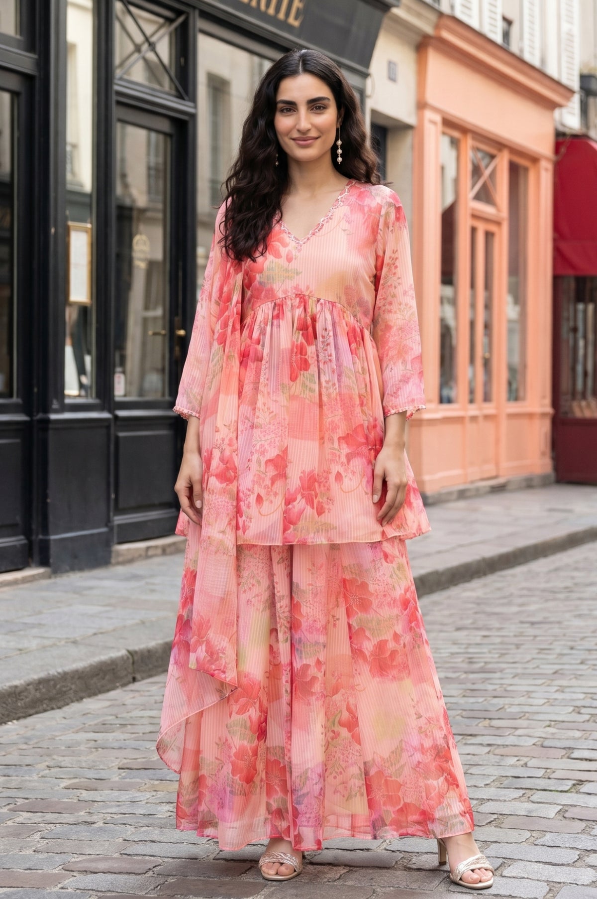 Peach Floral Printed Chiffon A-line Kurta with Culottess and Dupatta Set - XS