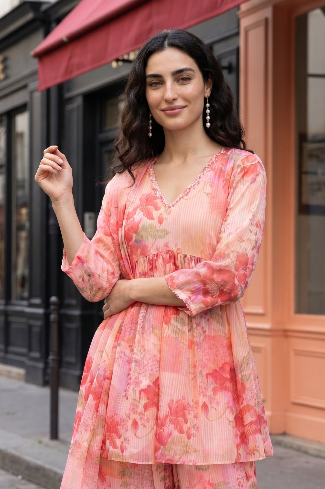 Peach Floral Printed Chiffon A-line Kurta with Culottess and Dupatta Set