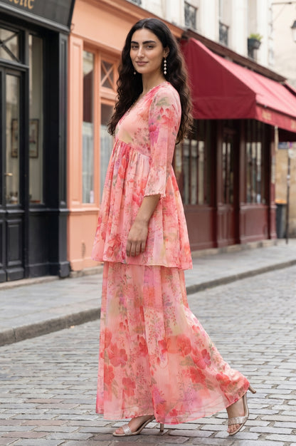 Peach Floral Printed Chiffon A-line Kurta with Culottess and Dupatta Set