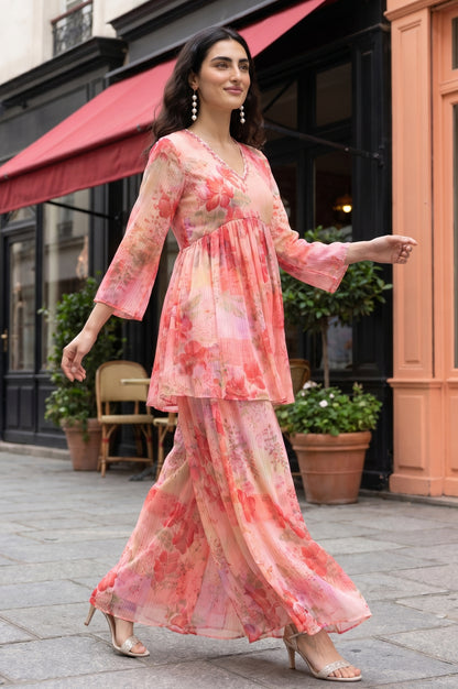 Peach Floral Printed Chiffon A-line Kurta with Culottess and Dupatta Set