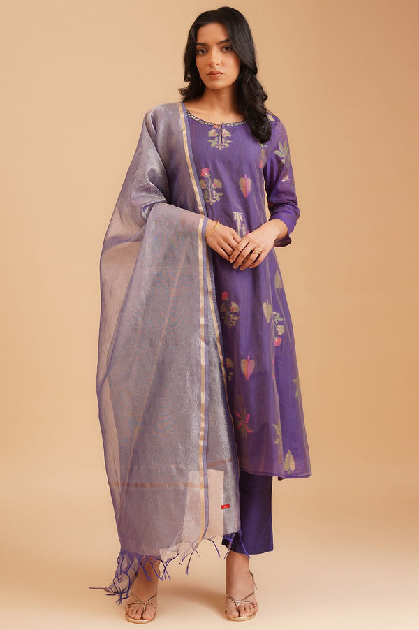 Purple Botanical Printed Sequins Yarn Dyed Chanderi Jacquard A-line Kurta with Straight Pants and Dupatta Set