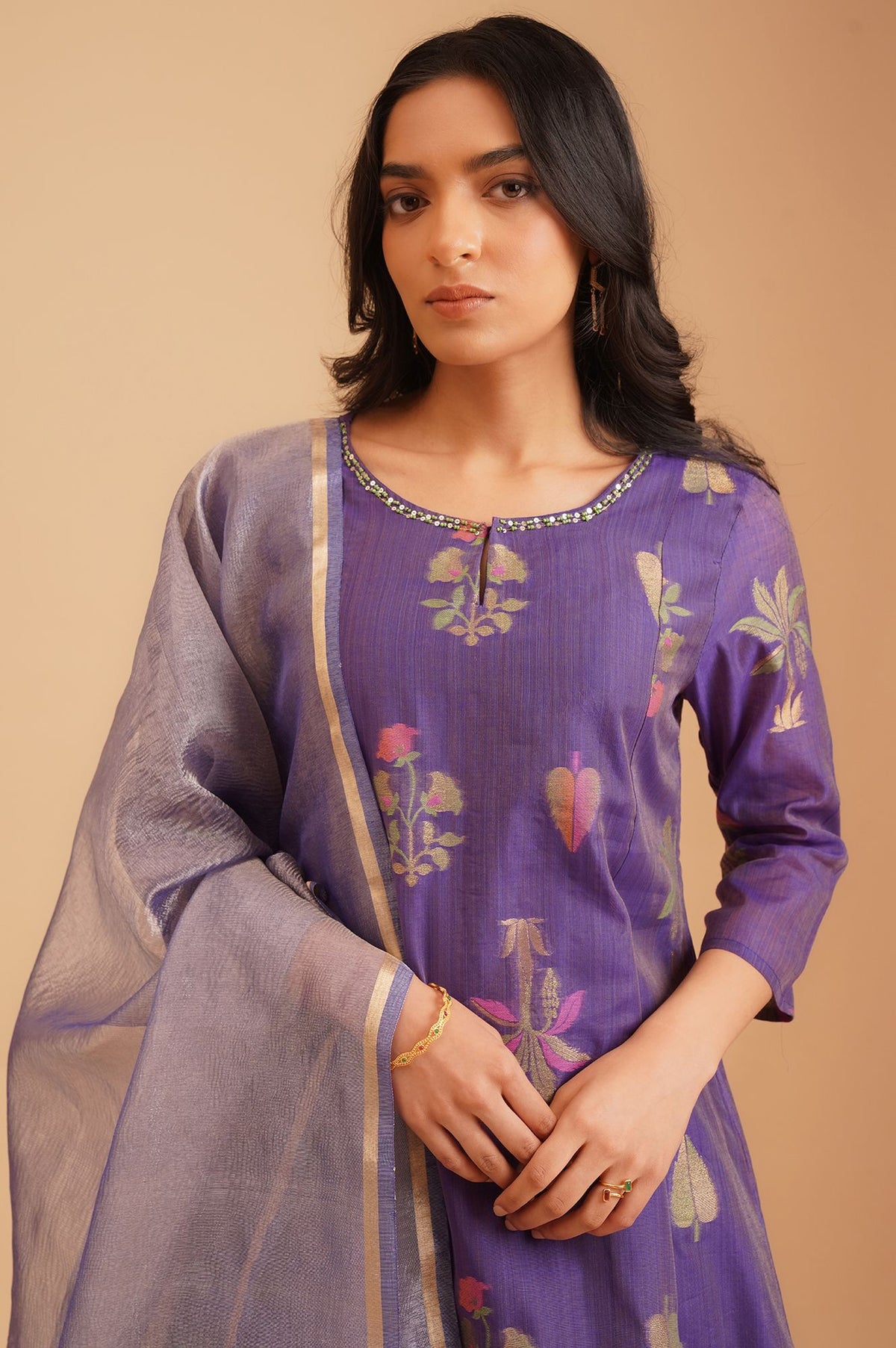 Purple Botanical Printed Sequins Yarn Dyed Chanderi Jacquard A-line Kurta with Straight Pants and Dupatta Set