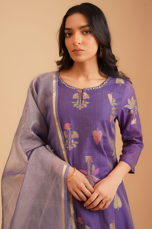 Purple Botanical Printed Sequins Yarn Dyed Chanderi Jacquard A-line Kurta with Straight Pants and Dupatta Set