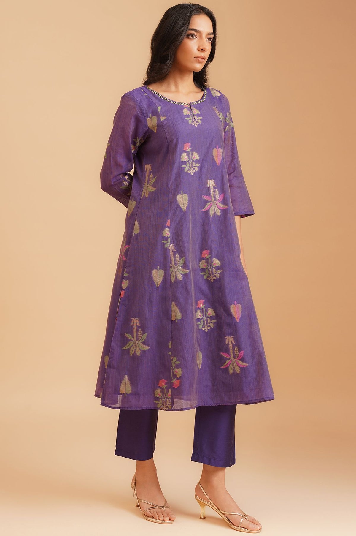 Purple Botanical Printed Sequins Yarn Dyed Chanderi Jacquard A-line Kurta with Straight Pants and Dupatta Set