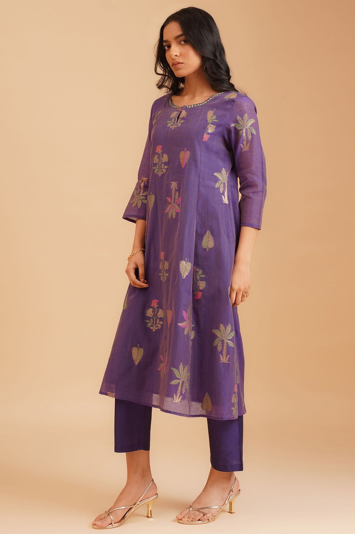 Purple Botanical Printed Sequins Yarn Dyed Chanderi Jacquard A-line Kurta with Straight Pants and Dupatta Set