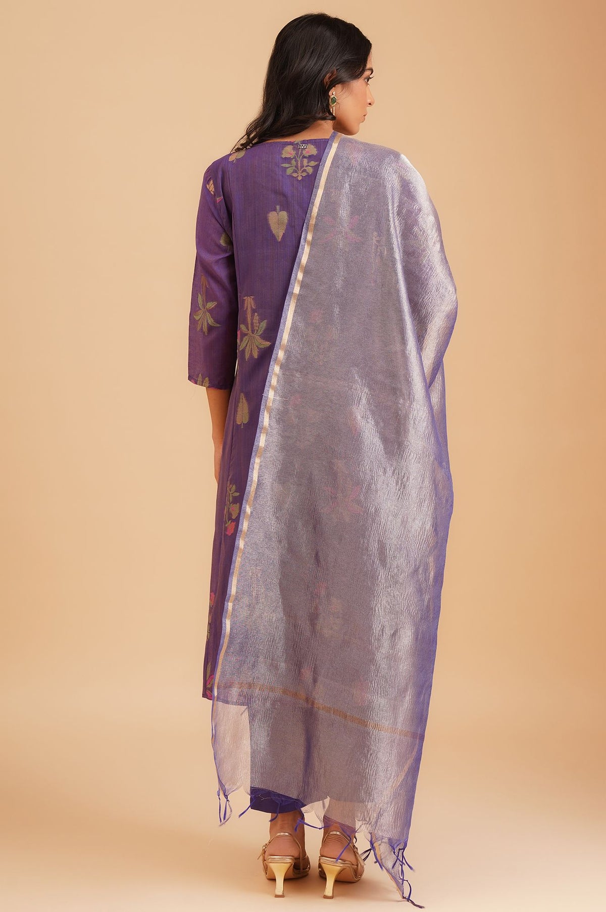 Purple Botanical Printed Sequins Yarn Dyed Chanderi Jacquard A-line Kurta with Straight Pants and Dupatta Set