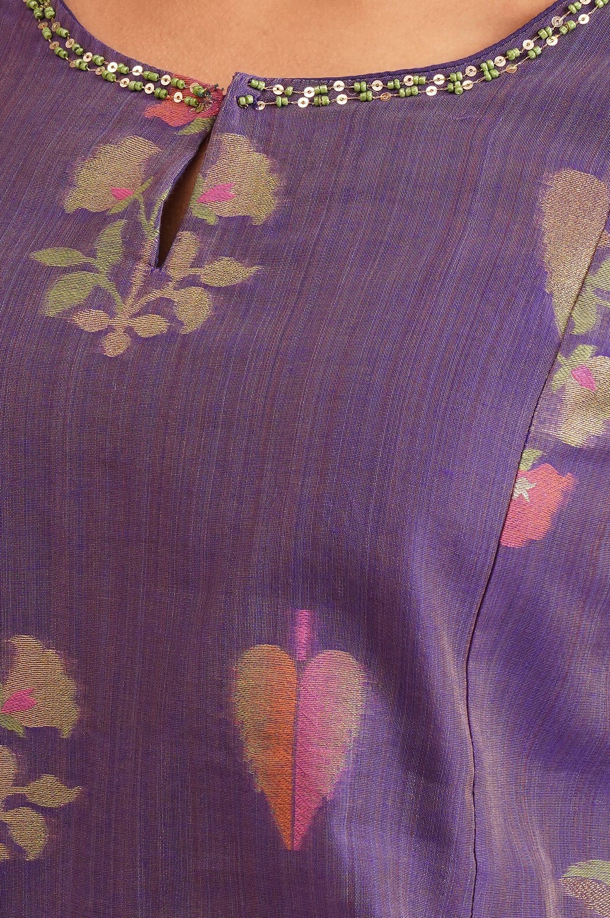 Purple Botanical Printed Sequins Yarn Dyed Chanderi Jacquard A-line Kurta with Straight Pants and Dupatta Set