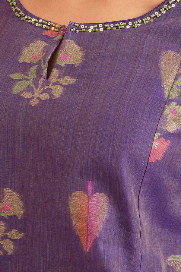 Purple Botanical Printed Sequins Yarn Dyed Chanderi Jacquard A-line Kurta with Straight Pants and Dupatta Set