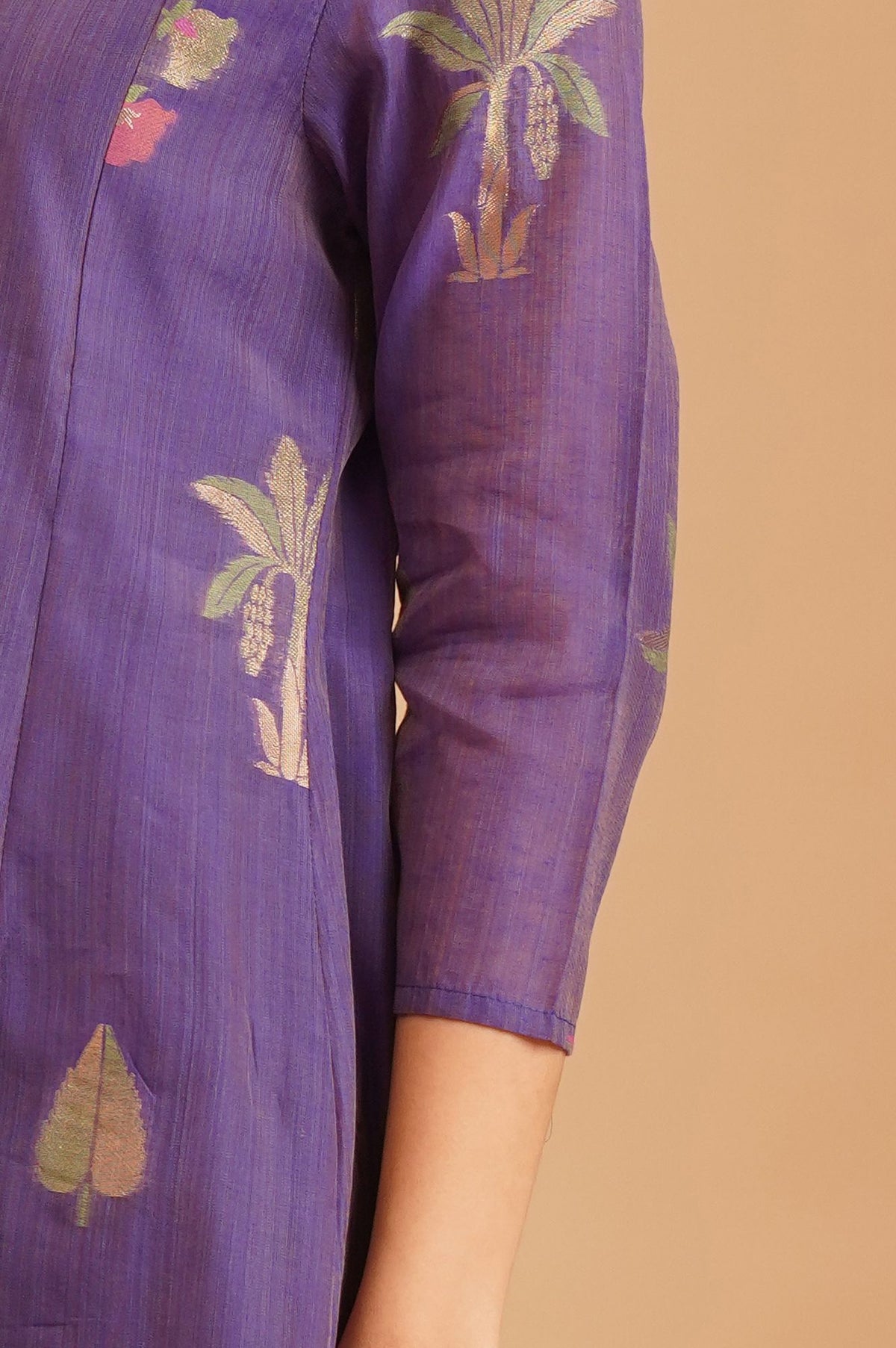 Purple Botanical Printed Sequins Yarn Dyed Chanderi Jacquard A-line Kurta with Straight Pants and Dupatta Set