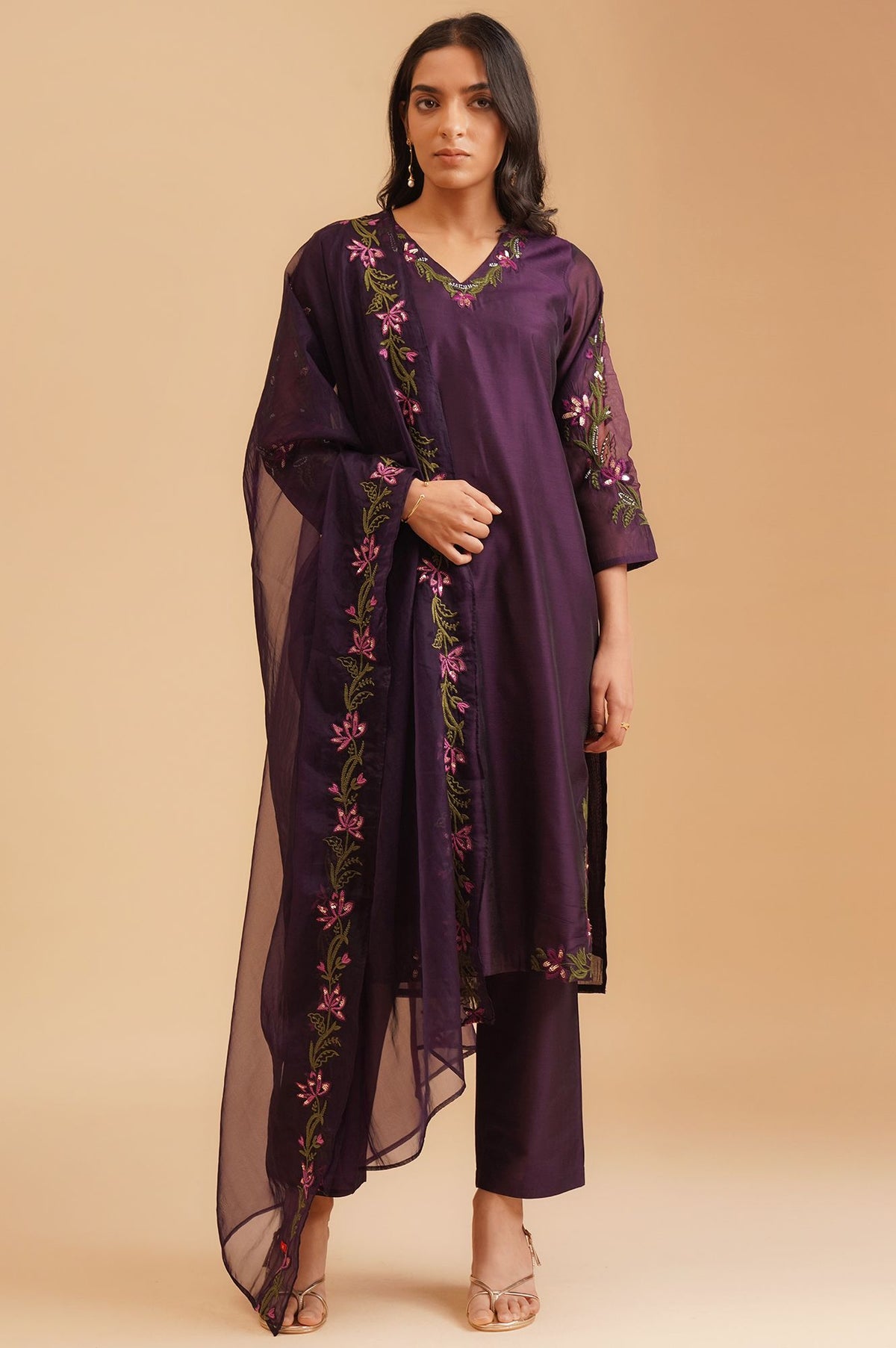 Purple Thread Embroidered Chanderi Straight Kurta with Straight Pants and Dupatta Set