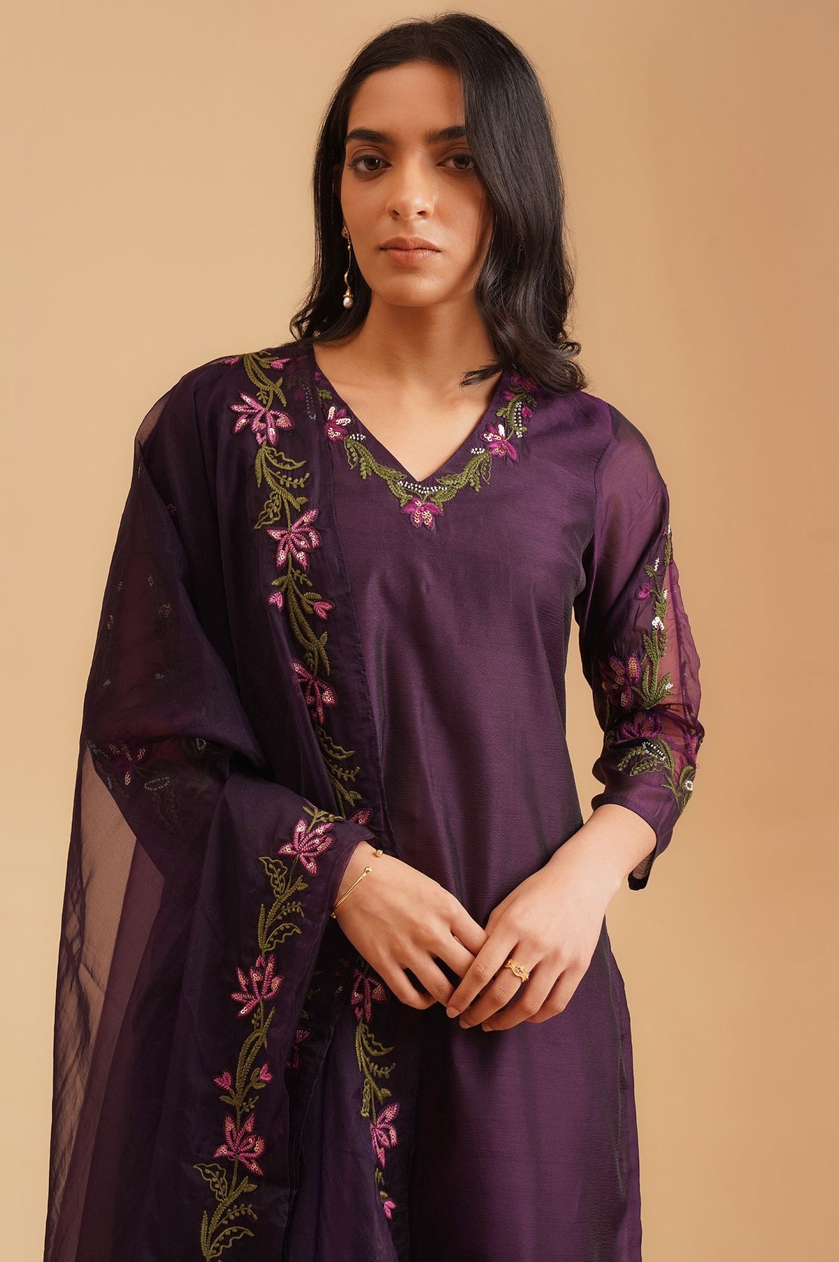 Purple Thread Embroidered Chanderi Straight Kurta with Straight Pants and Dupatta Set
