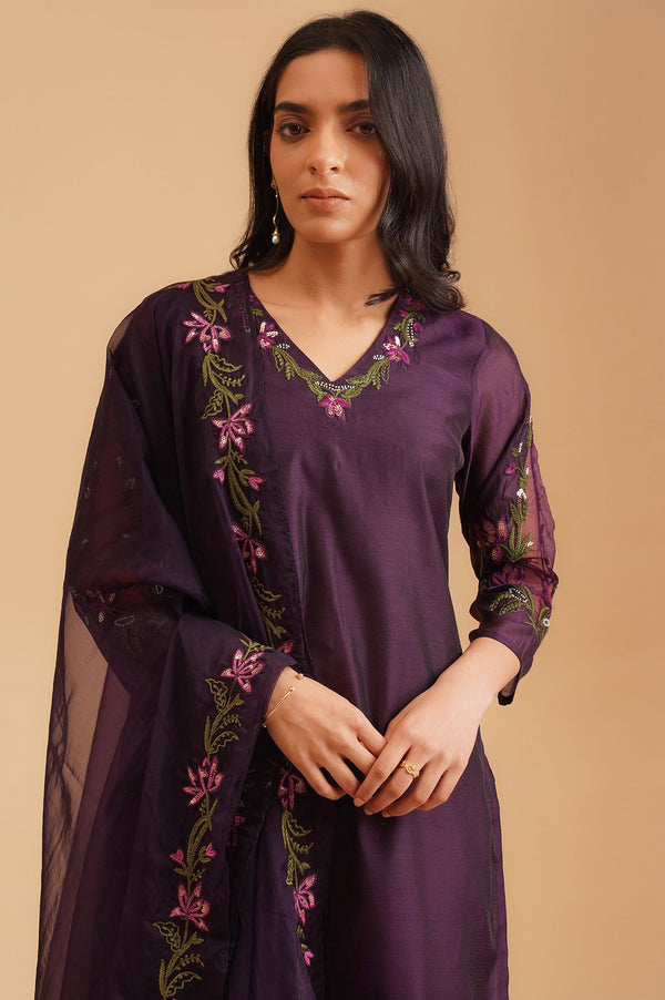 Purple Thread Embroidered Chanderi Straight Kurta with Straight Pants and Dupatta Set