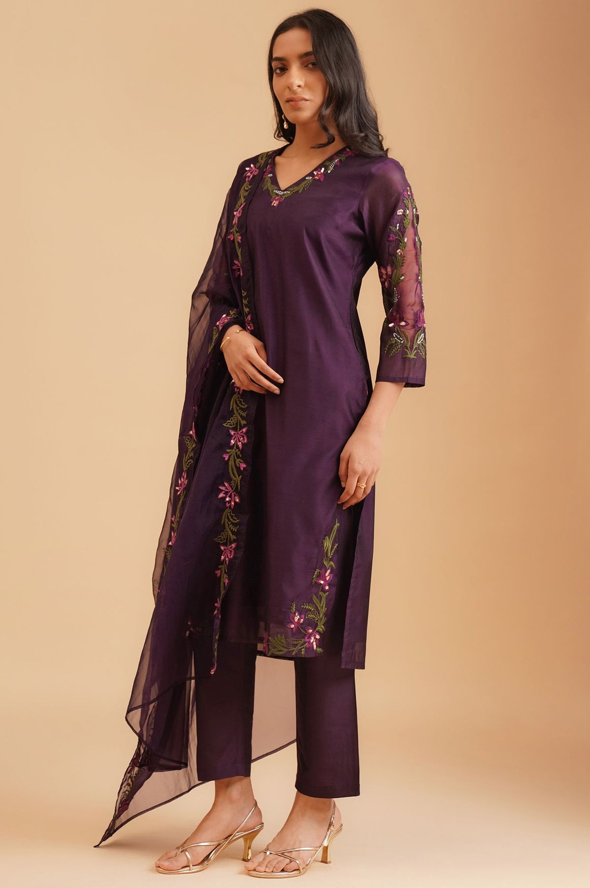 Purple Thread Embroidered Chanderi Straight Kurta with Straight Pants and Dupatta Set