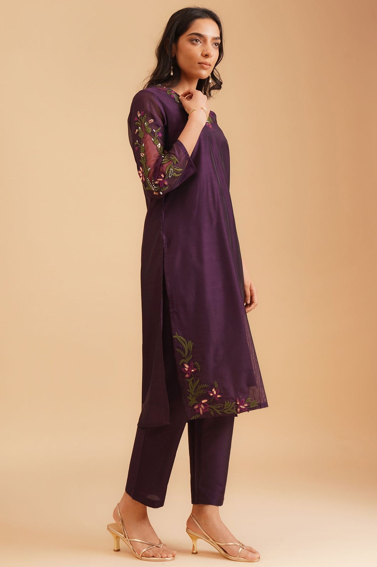 Purple Thread Embroidered Chanderi Straight Kurta with Straight Pants and Dupatta Set