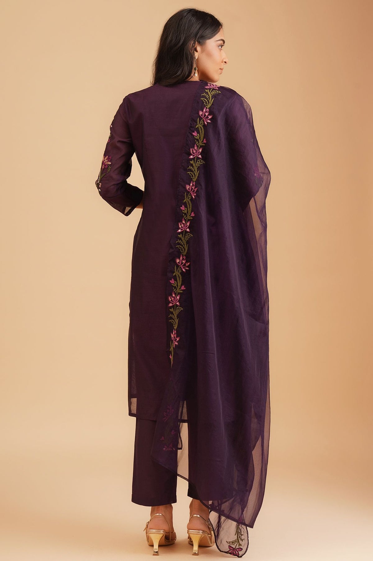 Purple Thread Embroidered Chanderi Straight Kurta with Straight Pants and Dupatta Set