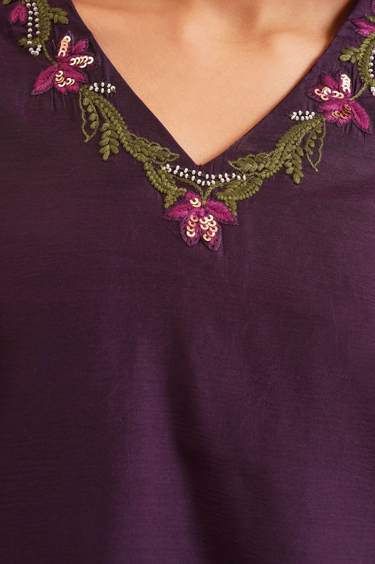 Purple Thread Embroidered Chanderi Straight Kurta with Straight Pants and Dupatta Set