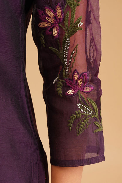Purple Thread Embroidered Chanderi Straight Kurta with Straight Pants and Dupatta Set