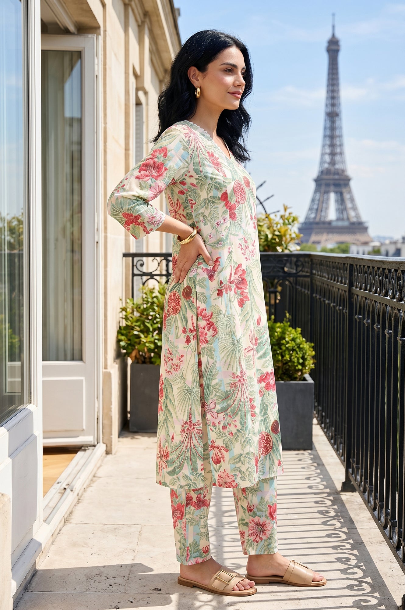 Off White Floral Printed Straight Kurta With Straight Pants Co-ord Set