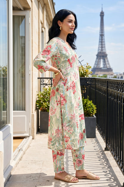 Off White Floral Printed Straight Kurta With Straight Pants Co-ord Set