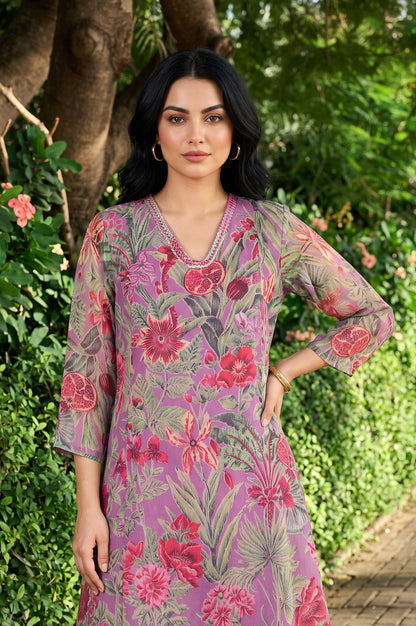 Mauve Floral Printed Organza Straight Kurta with Pants Set
