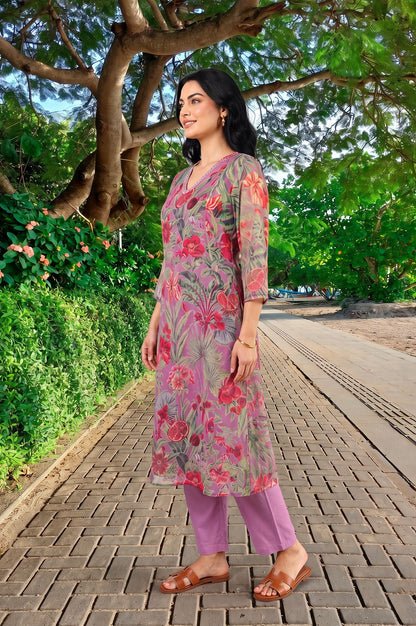 Mauve Floral Printed Organza Straight Kurta with Pants Set