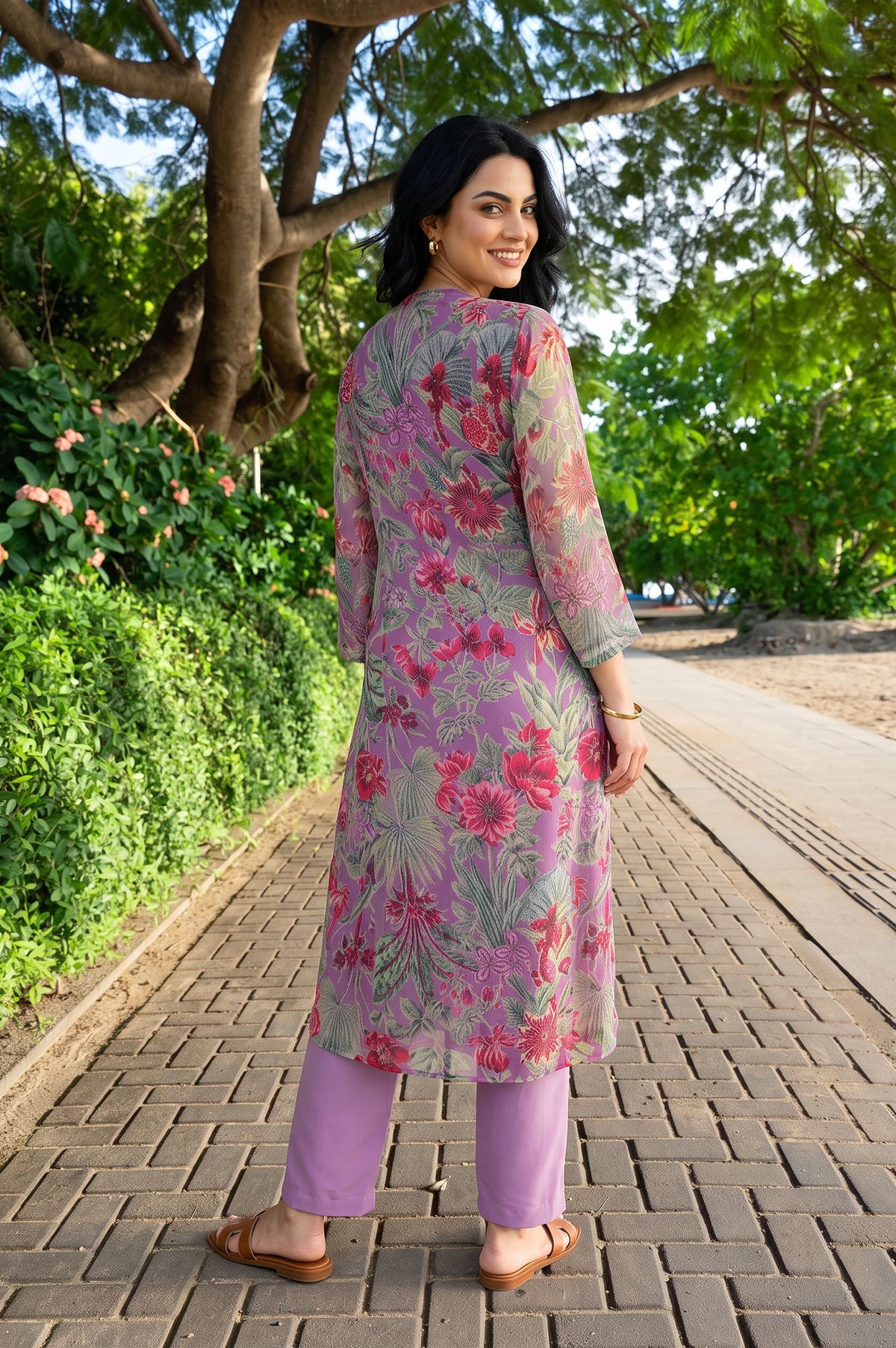 Mauve Floral Printed Organza Straight Kurta with Pants Set