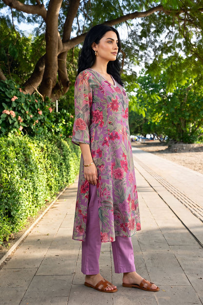 Mauve Floral Printed Organza Straight Kurta with Pants Set
