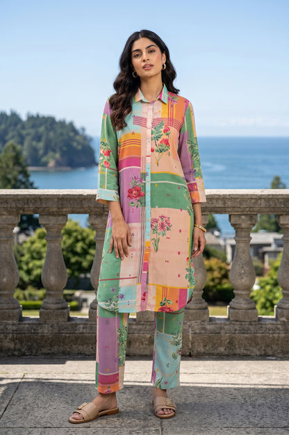 Multicolor Floral Printed Straight Kurta With Pants Co-ord Set