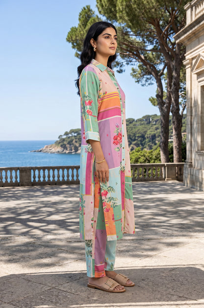 Multicolor Floral Printed Straight Kurta With Pants Co-ord Set