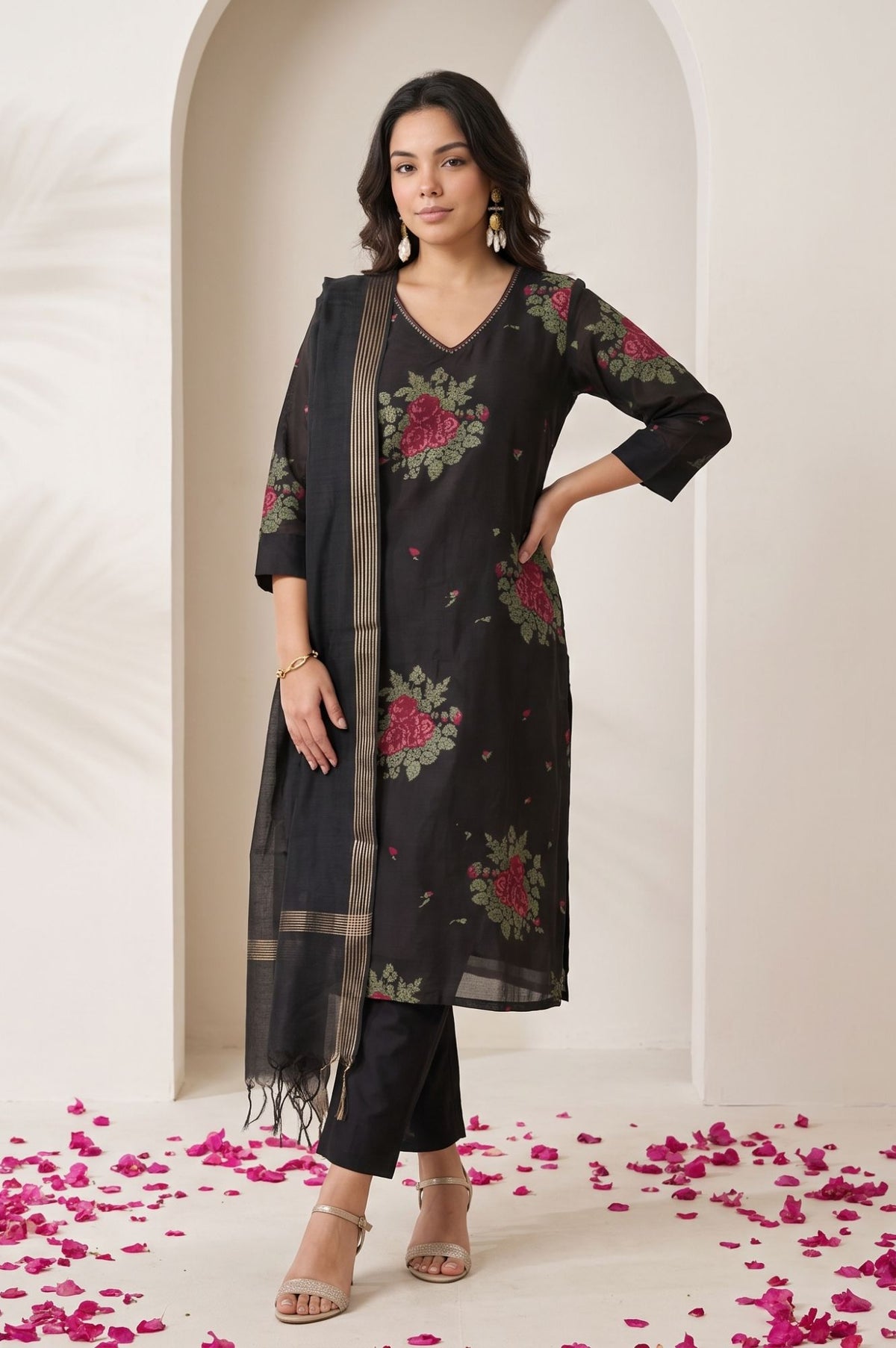 Black Yarn Dyed Floral Printed Jacquard Straight Kurta with Straight Pant and Dupatta Set