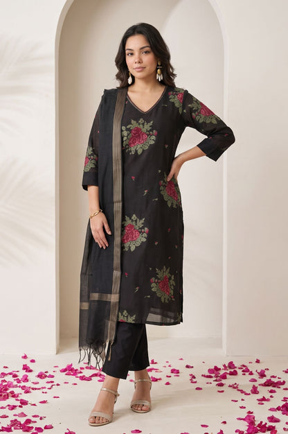 Black Yarn Dyed Floral Printed Jacquard Straight Kurta with Straight Pant and Dupatta Set