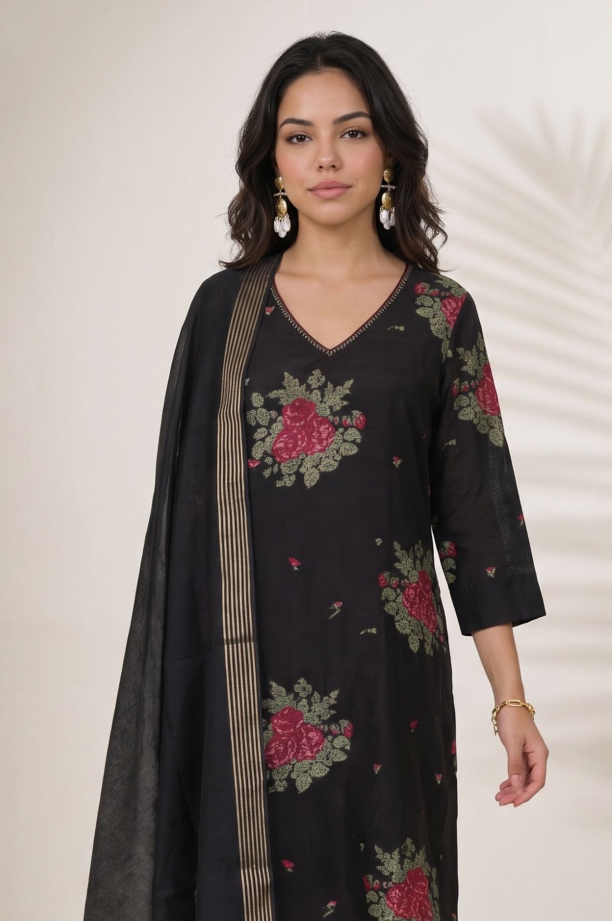 Black Yarn Dyed Floral Printed Jacquard Straight Kurta with Straight Pant and Dupatta Set
