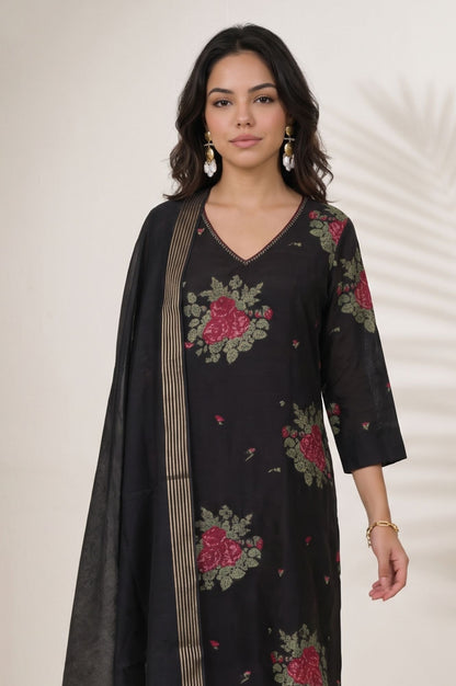 Black Yarn Dyed Floral Printed Jacquard Straight Kurta with Straight Pant and Dupatta Set