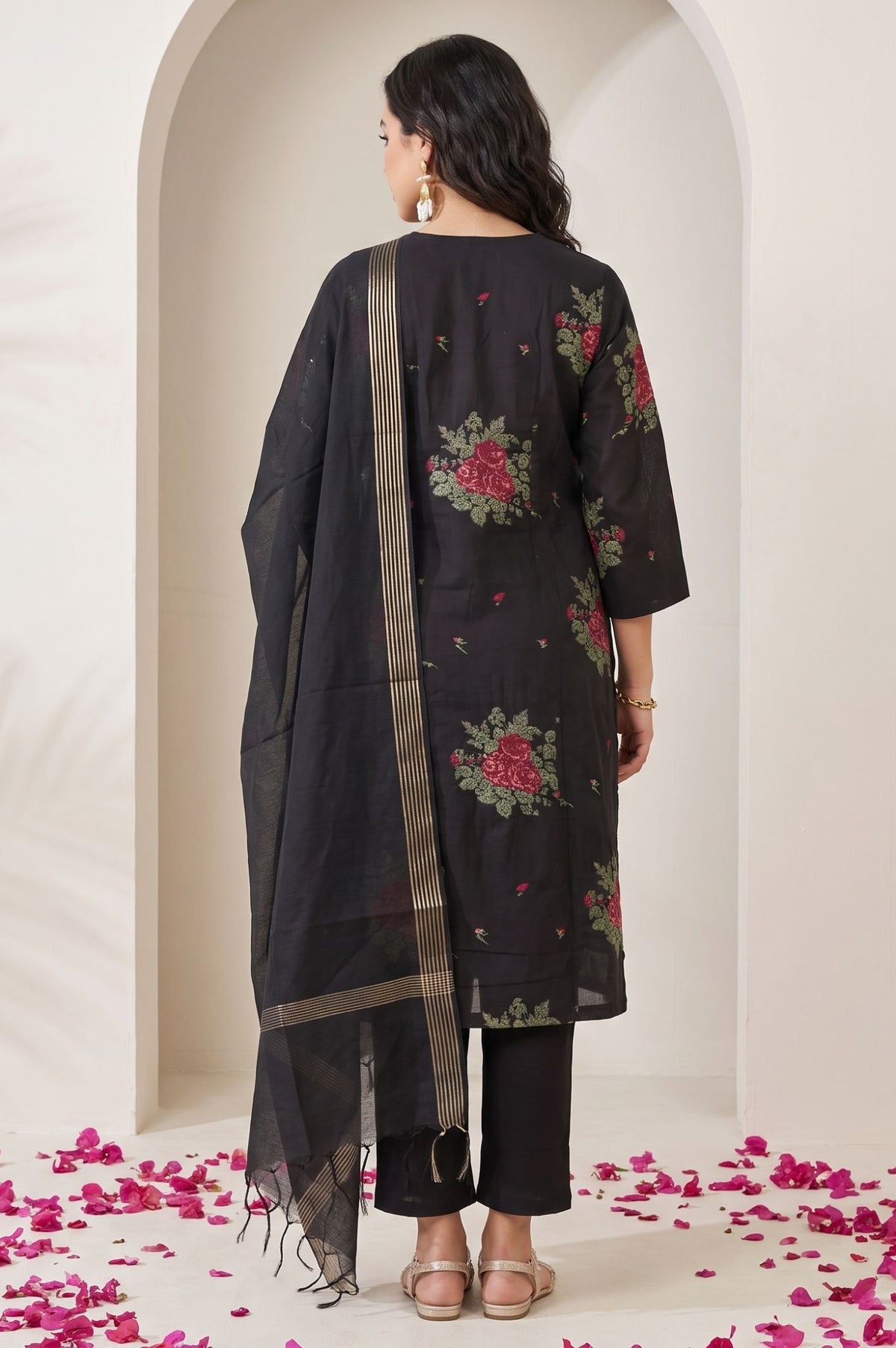 Black Yarn Dyed Floral Printed Jacquard Straight Kurta with Straight Pant and Dupatta Set