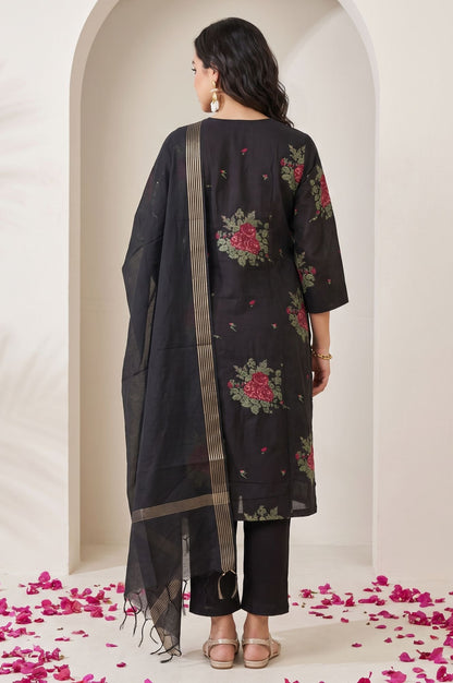 Black Yarn Dyed Floral Printed Jacquard Straight Kurta with Straight Pant and Dupatta Set