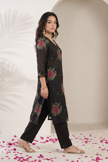 Black Yarn Dyed Floral Printed Jacquard Straight Kurta with Straight Pant and Dupatta Set