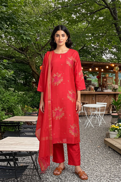 Red Floral Printed Jacquard Straight Kurta with Pants and Dupatta Set