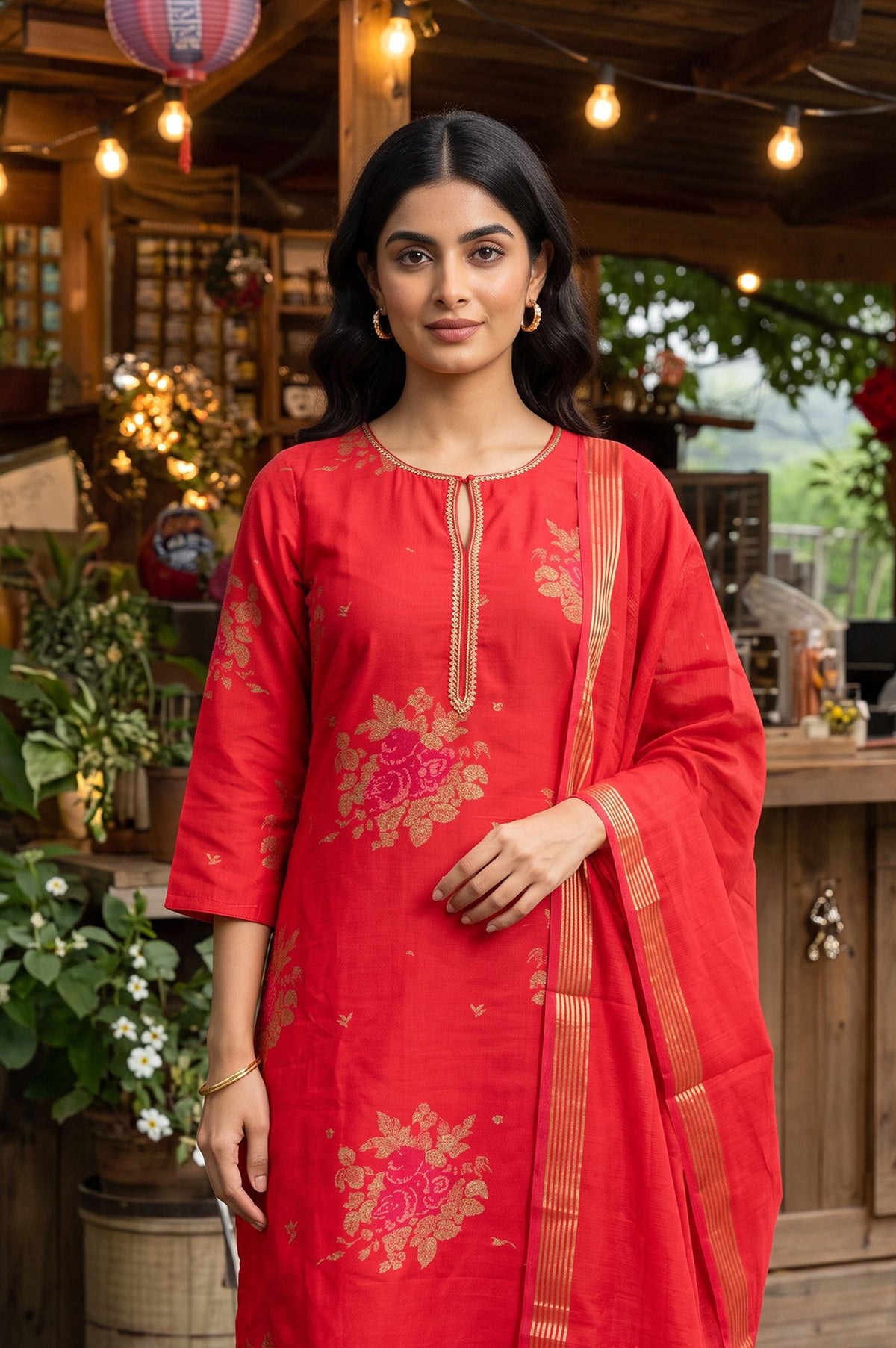 Red Floral Printed Jacquard Straight Kurta with Pants and Dupatta Set