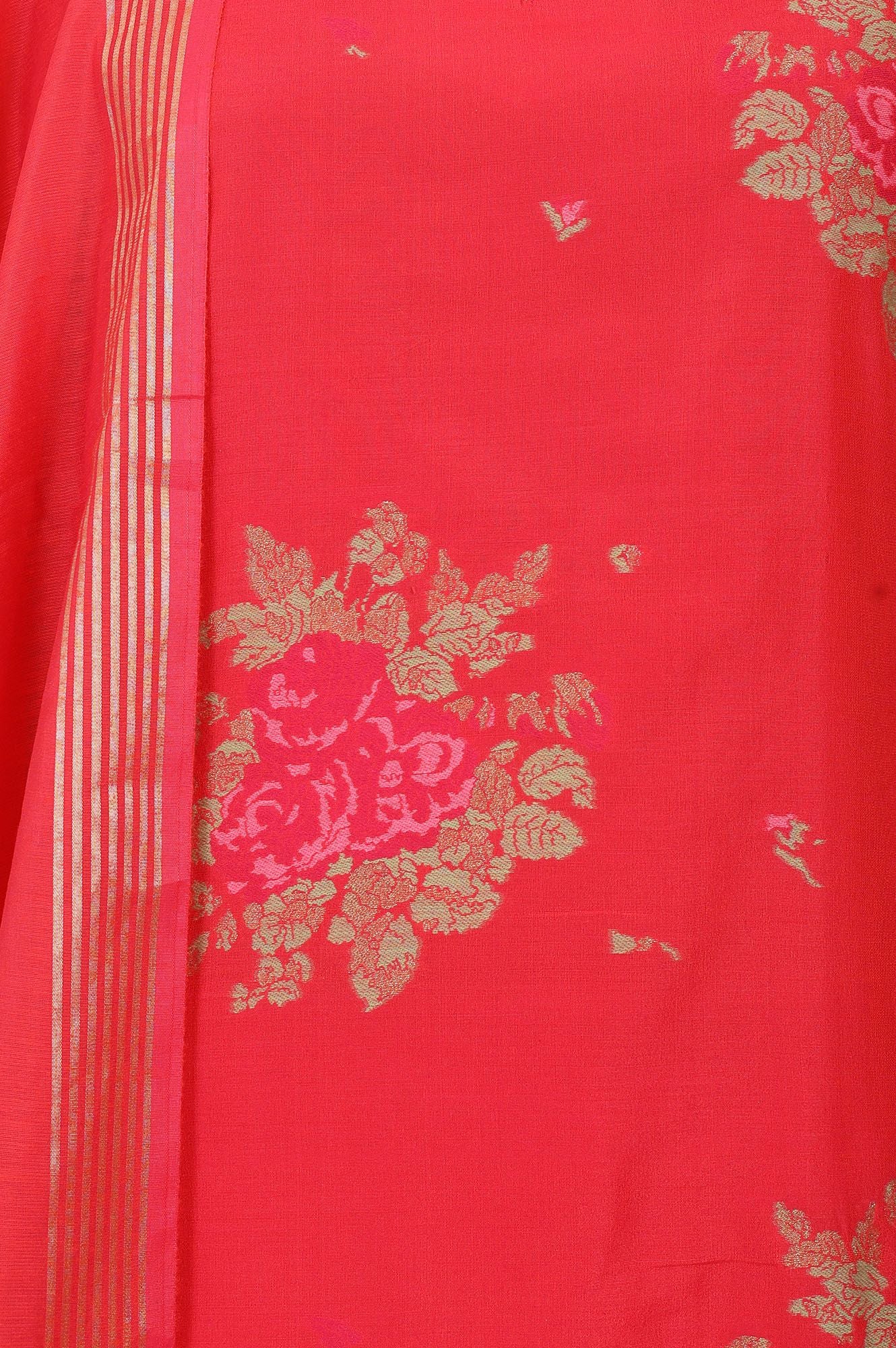 Red Floral Printed Jacquard Straight Kurta with Pants and Dupatta Set