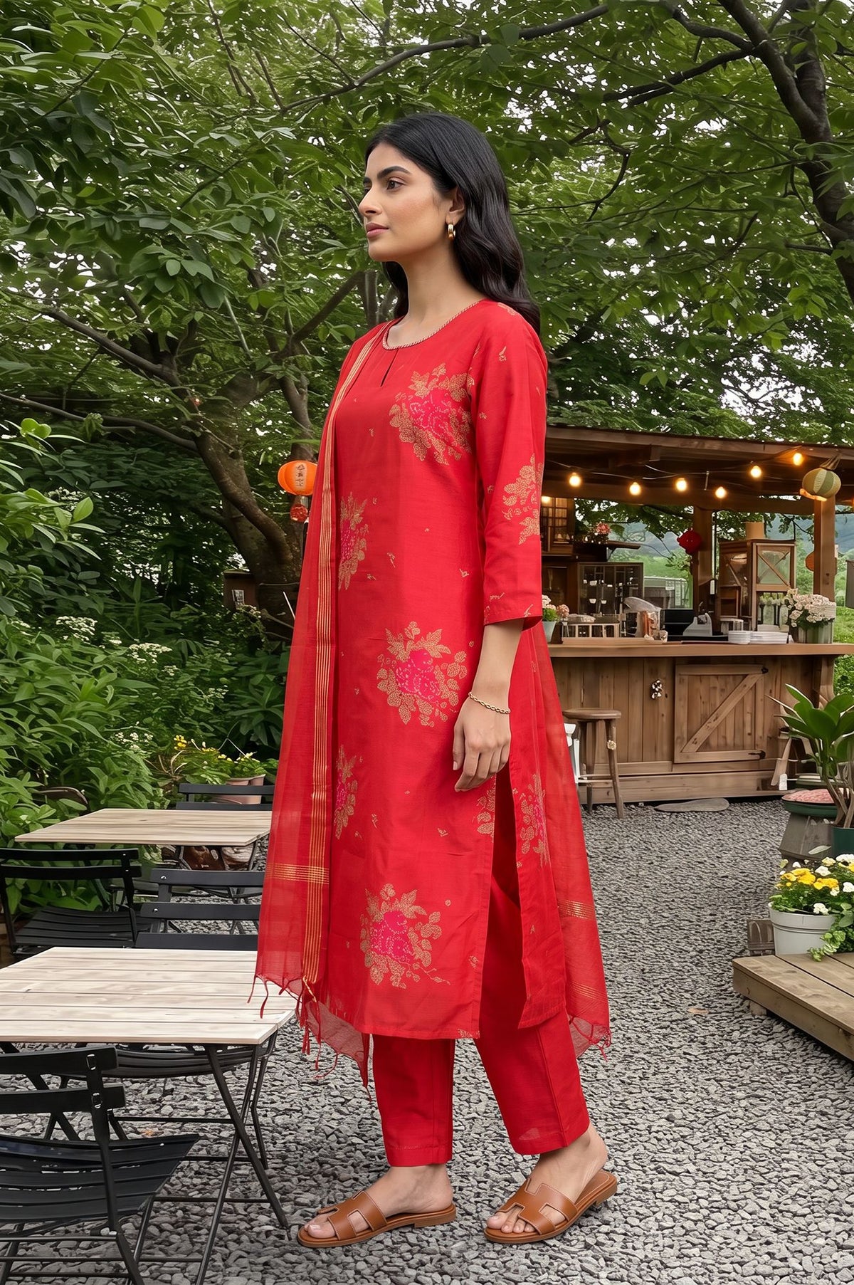 Red Floral Printed Jacquard Straight Kurta with Pants and Dupatta Set